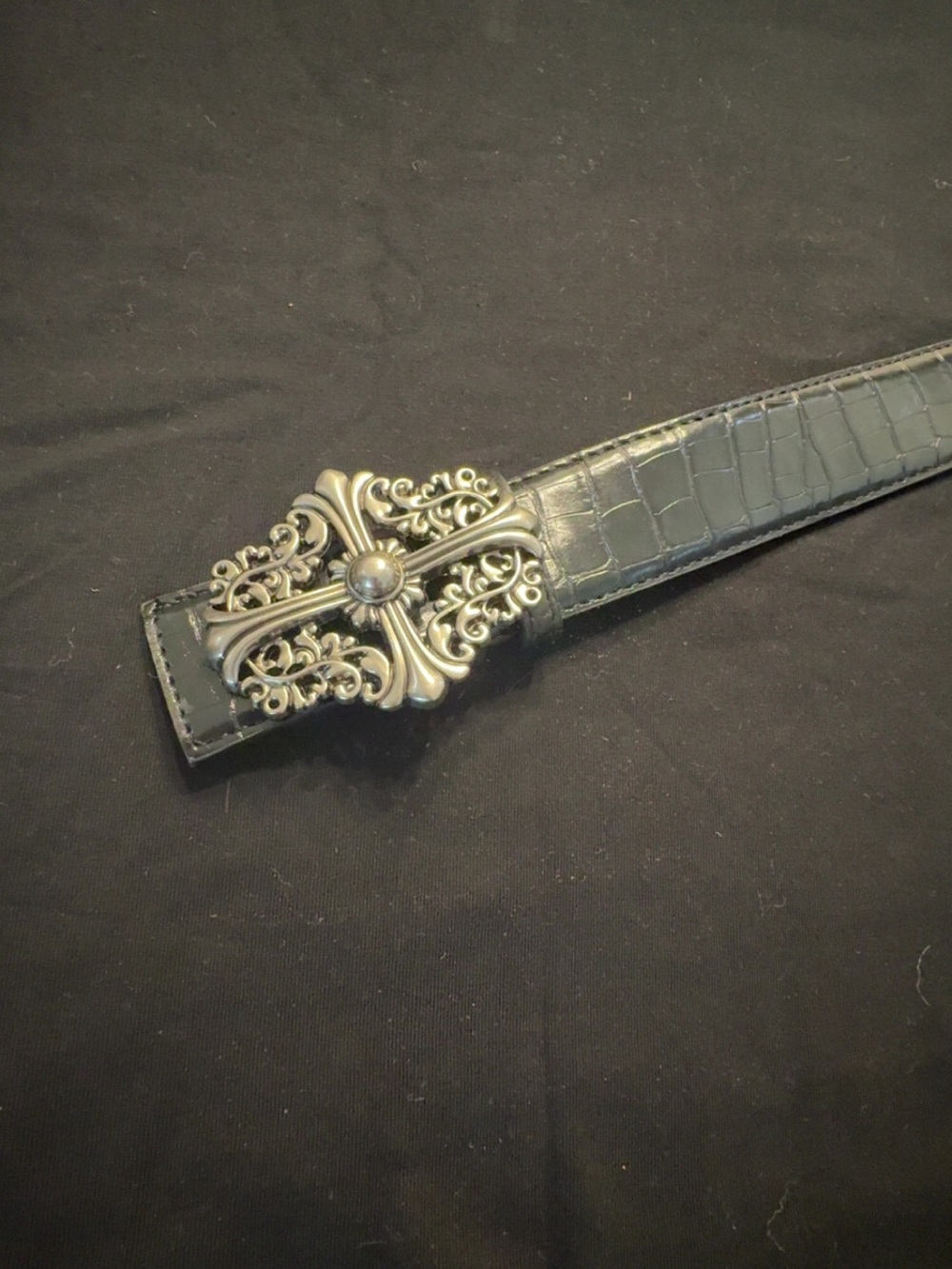 Men's Black Croc-Embossed Belt with Ornate Silver Buckle